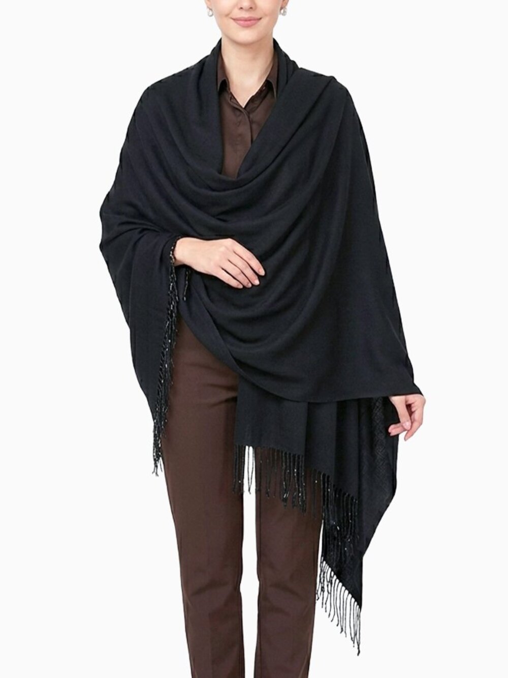 Cashmere Boutique Black Cashmere Silk Beaded Fringe Blanket Scarf Shawl Wrap Y2K